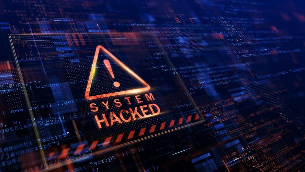 Leuchtende Warnmeldung "System hacked"